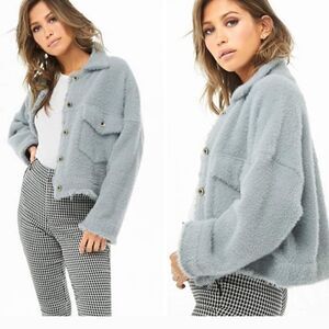 Shaci Blue Distressed Fuzzy Crop Jacket Size Medium